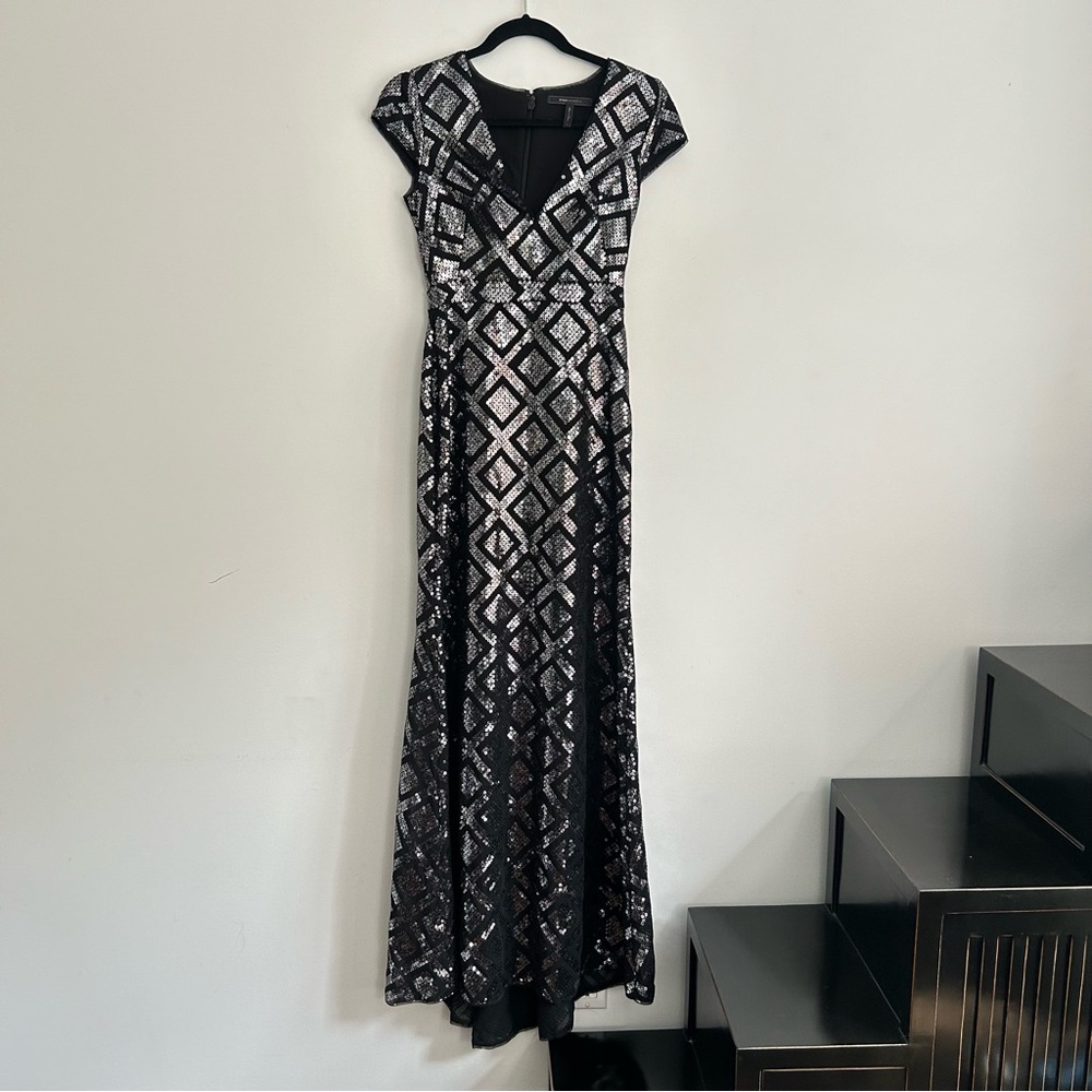 BCBG MaxAzria Black and Silver Intricately Sequined Evening Gown/Dress
